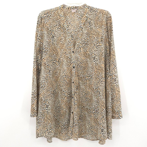 Chico's Tops - Chico's Button Down Chiffon Tunic Women 3 (XL) Tan Leopard Print Long Sleeve
